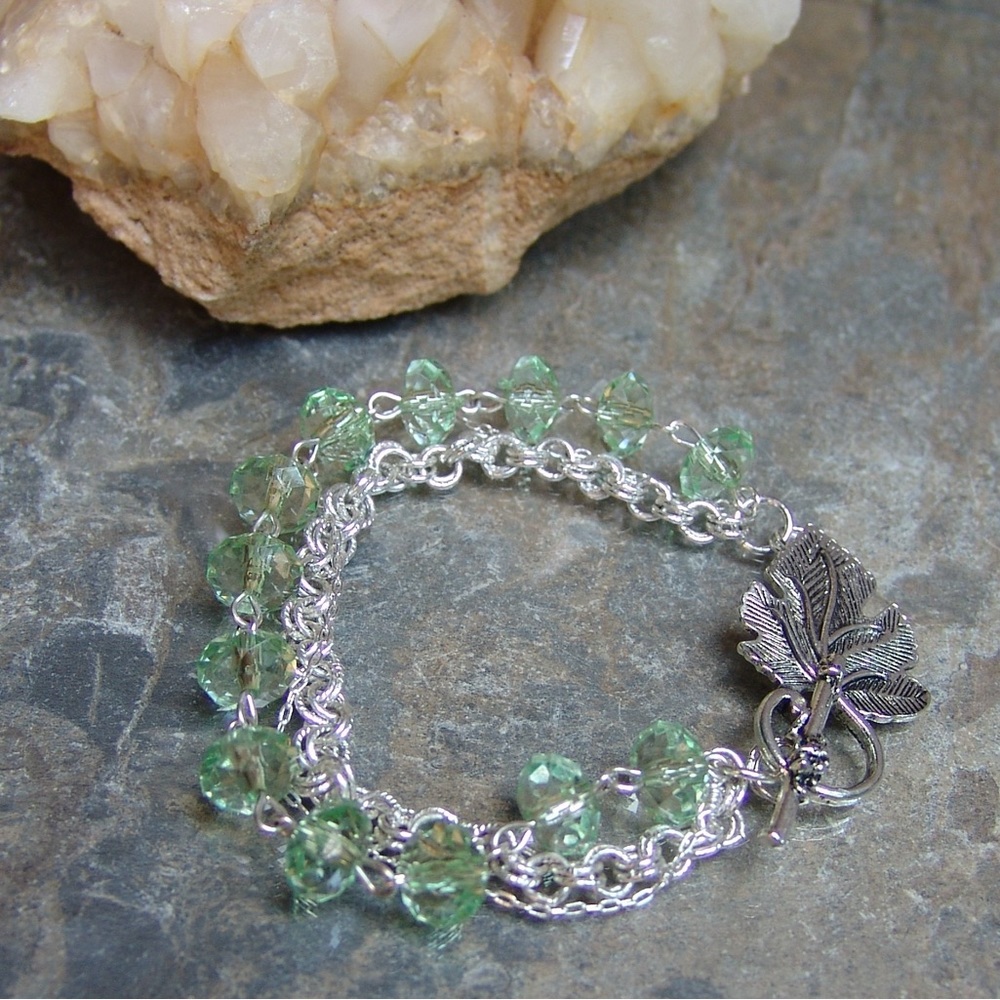 Three Strand Silver Tone and Pale Green Bracelet by Sandy Robinson Jewelry